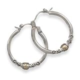 Sterling Silver Polished Hoop with Bali Design and 14 Karat Gold Plate Bead