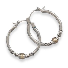 Sterling Silver Polished Hoop with Bali Design and 14 Karat Gold Plate Bead