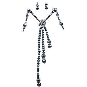 Rhinestone Faux Black Pearl Necklace Earrings Set