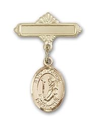 Gold Filled Baby Badge with St. Dominic De Guzman Charm and Polished Badge Pin. Catholic Saint Dominic De Guzman Patron Saint of Astronomers, Astronomy, Falsely Accused, Scientists