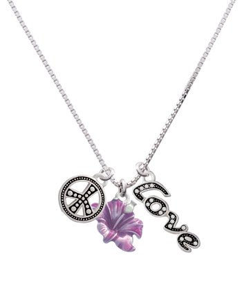 Purple Hibiscus Flower, Peace, Love Charm Necklace [Jewelry]