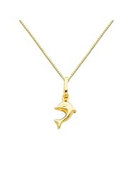 14K Yellow Gold Dolphin Charm Pendant with Yellow Gold 0.65mm Box Link Chain Necklace with Spring Ring Clasp - Pendant Necklace Combination (Different Chain Lengths Available)