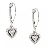 10K White Gold Heart Leverback Earrings 3 Stone Diamond