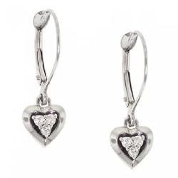 10K White Gold Heart Leverback Earrings 3 Stone Diamond