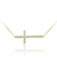 14k Gold Sideways Cross CZ Pendant Necklace