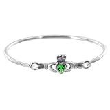 .925 Sterling Silver 27 x 12mm Claddagh with 8 x 6mm Emerald Cubic Zirconia Heart 2.5 Bangle Bracelet