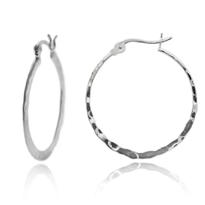 Sterling Silver Tarnish-Free Medium Hammered Hoop Earrings (1.2" Diameter)
