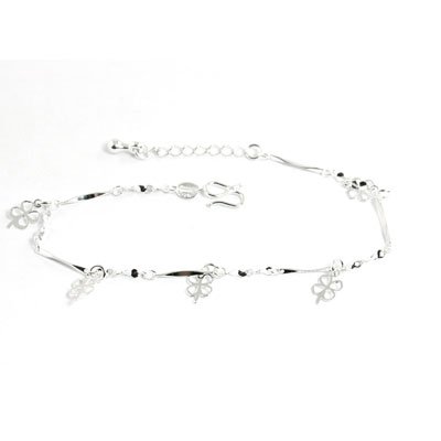 Women Silver Tone Metal Chain Clover Shape Pendant Bracelet Bangle