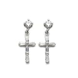 3/4" Sterling Silver Dangling Cross Earrings w/ Crystal Cubic Zirconia Stone & Post Back Finding