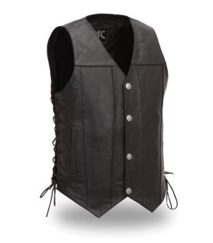 First Manufacturing Motorcycle Vest With Concealed Gun Pockets & Buffalo Snaps with a Single Back Panel & Laced Sides FMM-612 - Black, 4X On Sale