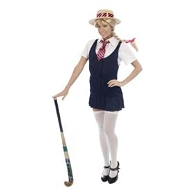 Adult Ladies Sexy Highschool, School Girl Fancy Dress Costume with Straw Hat. One Size Costume But Usually Fits Sizes 8, 10, 12 And 14.