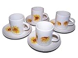 ArtisanStreet's Eight Piece China Espresso Coffee Set Features Four Cups And Four Matching Saucers. Bright Yellow Sunflower Design on White China. One Of A Kind, Hand Painted & Signed By Artisan.