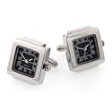 Silver plated square working quartz watch cufflinks with black dial with presentation box