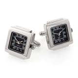 Silver Plated Square Working Quartz Watch Cufflinks With Black Dial Wi...