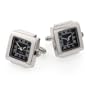 Silver plated square working quartz watch cufflinks with black dial with presentation box