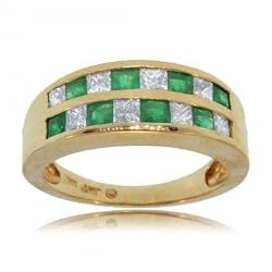 Princess Cut Emerald & Diamond Band Ring in 14K Solid Gold