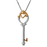 14K Gold and Sterling Silver Mother and Child Diamond Key Heart Necklace, 18 inch Box Chain (1/10ct)
