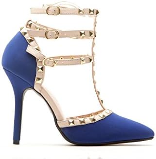 Women's Gladiator D'Orsay Rockstud01 Multi Metal Stud Stone Ankle T Strap Pointy Studed Stiletto Heel Pumps