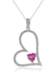 10k White Gold Heart-Shaped Created Pink Sapphire with Diamonds Heart Pendant Necklace, 18"