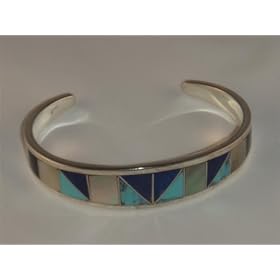 Navajo Sterling Silver Bracelet with Inlaid Turquoise, Lapis, Mother of Pearl,... by American Pearl Jewelers