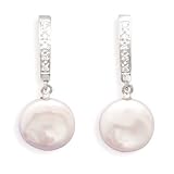 14K White Gold Post Earrings with Diamond Accents and Cultured Freshwater Coin Pearl Drop