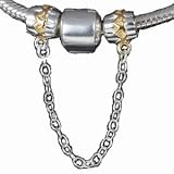 ONE GENUINE SOLID STERLING SILVER 925 WITH 14K GOLD HEARTS SCREW THREADED 74MM SAFETY CHAIN TO FIT PANDORA,CHAMILIA, BIAGI AND ANY SIMILAR 3MM BRACELETS
