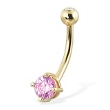 14K solid yellow gold belly button ring with round pink CZ and jeweled top ball