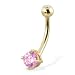 14K solid yellow gold belly button ring with round pink CZ and jeweled top ball