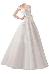 V-neck Lace Off the Shoulder  Natural   Waistline Floral Print Satin  Ball Gown Wedding Dress 