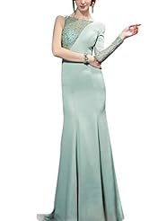 Sexy A-line Mermaid Long Sleeves Lace Beaded Mesh Round Neck Satin Cocktail Floor Length Homecoming Dress/Pageant Dress/Prom Dress/Party Dress/Wedding Dress 