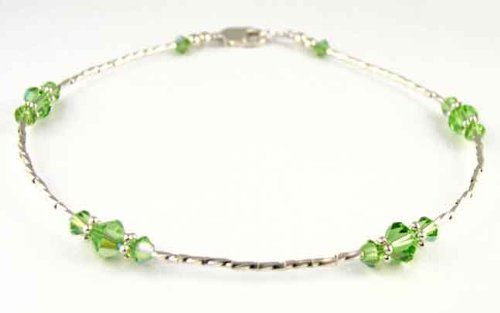 Peridot - August Birthstone Sterling Silver Ankle Bracelets:Swarovski Crystal Adjustable Beaded Anklets. Handmade Jewelry