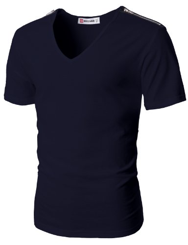 H2H Men's Vintage Shoulder Zipper T-Shirts with V-Neck Short Sleeve