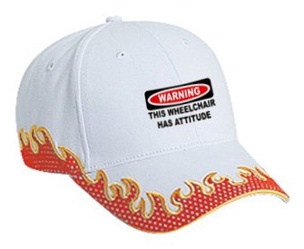 This Wheelchair Has Attitude — Adult White Hat with Red Flames