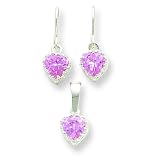 Sterling Silver Pink CZ (Cubic Zirconia) Heart Earrings and Pendant Set
