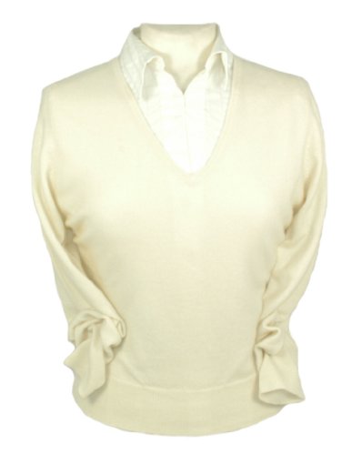 Ladies Cashmere V Neck Sweater, White, M