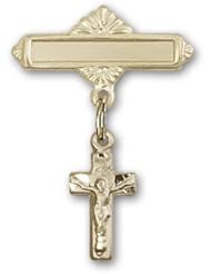 14K Gold Baby Badge with Crucifix Charm and Polished Badge Pin