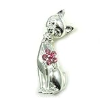 Silver Cat Brooch with Pink Flower