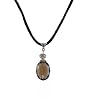 Necklace - N515 - Faceted Fire Polished Crystal Glass Pendant Hung on 16" Black Velvety Flock Cord + 2" Extension Chain - Silver Tone Ends - Oval Shape - Smoky Quartz (Dark Gray / Grey)