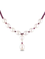14K Yellow Gold Pearl and Rhodolite Bead Necklace, 18"