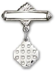 Sterling Silver Baby Badge with Jerusalem Cross Charm and Polished Badge Pin