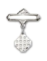Sterling Silver Baby Badge with Jerusalem Cross Charm and Polished Badge Pin