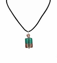 Necklace - N160 - Murano Style Glass - Rectangle Shape ~ Teal and Amethyst on Silky Satin Cord