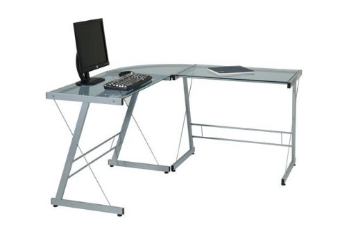 OSP Designs Blue Glass Top L Shape Computer Desks With Silver Metal Frame