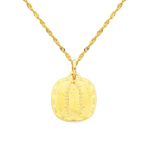 14K Yellow Gold Religious Our Lady of Guadalupe Charm Pendant with Yellow Gold 1.2mm Singapore Chain with Spring Ring Clasp - Pendant Necklace Combination (Different Chain Lengths Available)