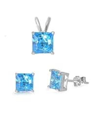 Sterling Silver Blue Topaz Earrings and Necklace Jewelry Set