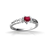 14K White Gold Heart Created Ruby and Diamond Filligree Ring