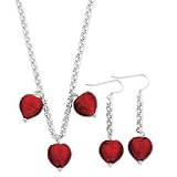 Sterling Silver Red Murano Glass Heart Earrings and Necklace Set