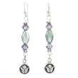 Raised Lotus Blossom Flower Dangle Earrings in Sterling Silver with Swarovski Crystal Beads in Lavender and Green, #8160