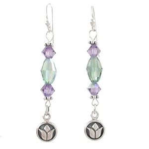 Long Round Lotus Blossom Flower Dangle Earrings in Sterling Silver with Swarovski Crystal Beads in Lavender and Green, #8160
