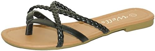 Wells Fountain Women's Braided Detail Thong Style Flip Flops (7 B(M) US, Black)